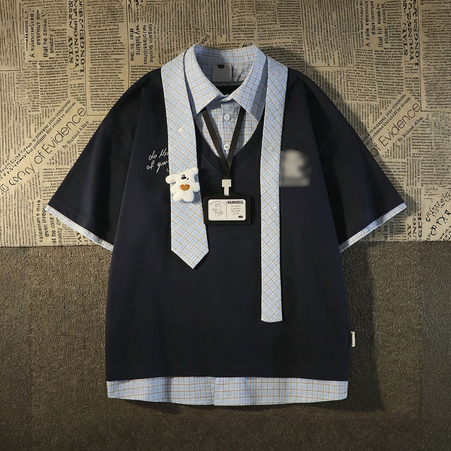 胖mm大码女装蓝色假两件短袖T恤女学院风百搭独特漂亮遮肚子上衣