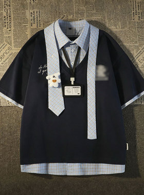 胖mm大码女装蓝色假两件短袖T恤女学院风百搭独特漂亮遮肚子上衣