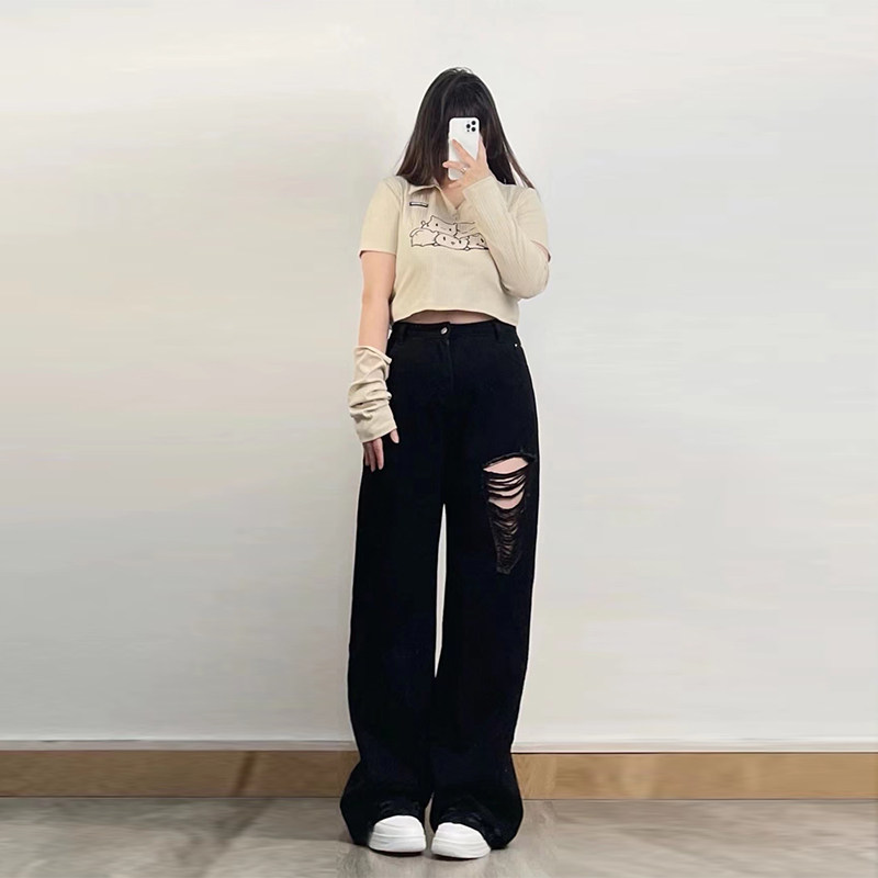 300 CATTIES EXTRA LARGE SIZE WOMENS JEANS WOMENS ELASTIC WAIST LOOSE FAT MM DESIGN SENSE HOLE STRAIGHT WIDE LEG PANTS