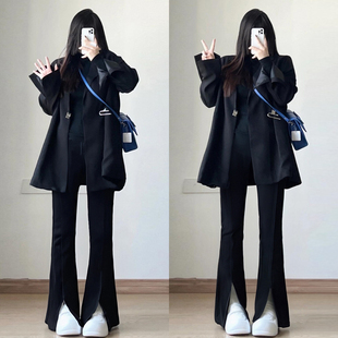 复古黑色微喇直筒松紧阔腿长裤 300斤特大码 女胖mm美式 牛仔裤 女装