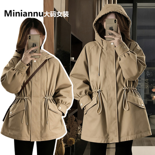 保暖加厚冲锋衣外套 卡其色慵懒风连帽棉服女秋冬新款 胖mm大码 女装