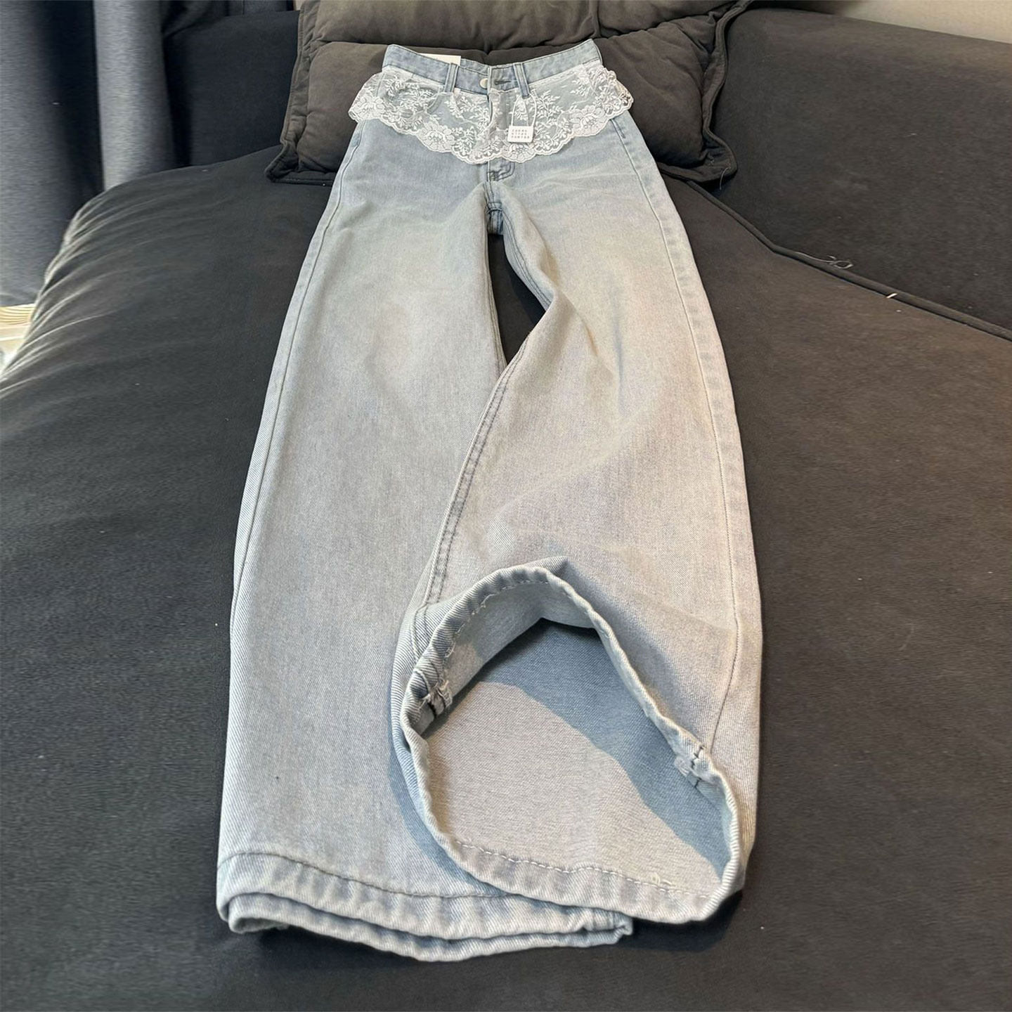 特大码女装韩系穿搭蓝色牛仔裤女胖mm设计感蕾丝花边拼接直筒裤子,女装/女士精品,大码裤装,淘宝优惠券,粉丝福利购,淘宝优惠卷