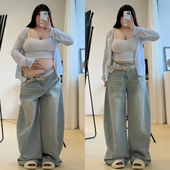 特大码 子 女高街宽松垂感显瘦直筒裤 女装 胖mm韩系浅蓝色阔腿牛仔裤