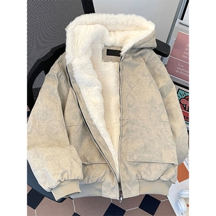 特大码 高街加厚保暖防寒棉衣外套 胖mm加绒加厚连帽棉服女冬装 美式