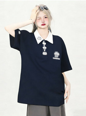 特大码女装学院风甜美蓝色落肩短袖t恤女胖mm独特漂亮减龄款上衣