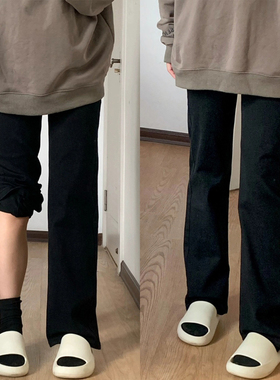 300斤大码女装胖mm高腰窄版直筒牛仔裤黑色弹力显瘦不贴腿裤子女