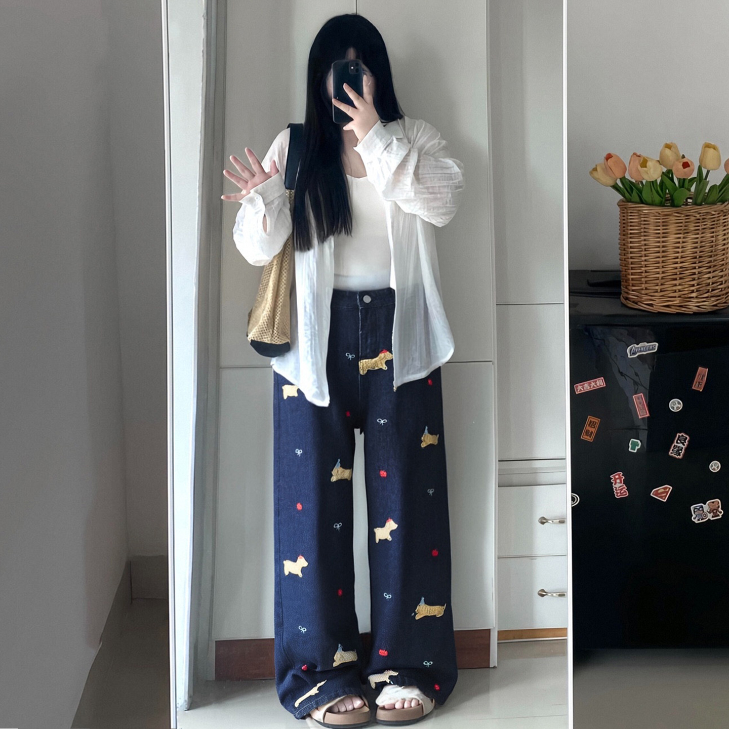 特大码女装重工刺绣深蓝色裤子女