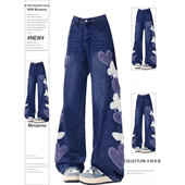 女装 胖mm韩版 学院风爱心刺绣牛仔裤 特大码 女高腰显瘦遮肉直筒裤 子