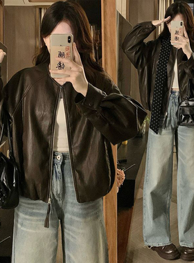 胖mm大码女装咖色高街风皮衣外套女秋季宽松显瘦高级感机车服上衣