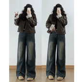 高街加绒牛仔裤 新款 女300斤大码 胖mm美式 女装 秋季 复古直筒长裤 子