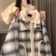 胖mm独特好看格子翻领棉服女韩版 大码 女装 宽松显瘦设计感棉衣外套