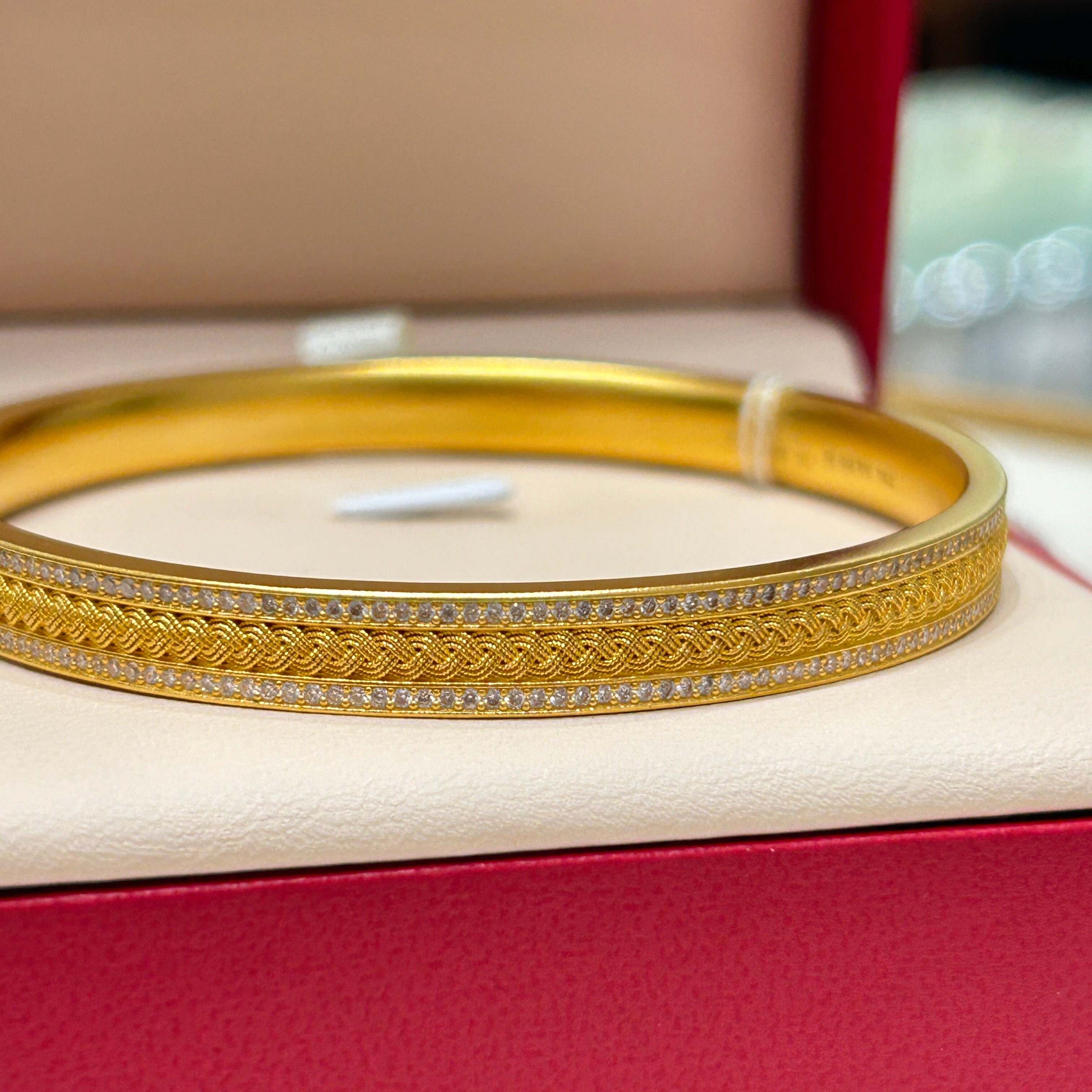 TSL谢瑞麟代购 足金999麦穗满圈黄金钻石手镯女 点钻专柜正品克减