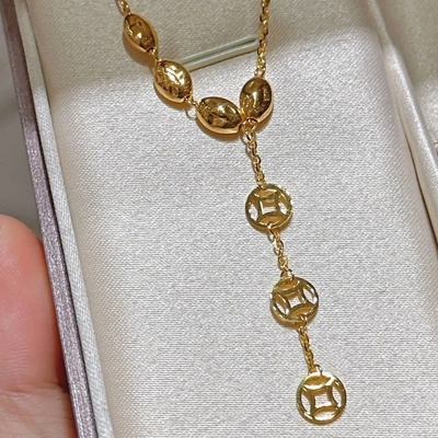 六福珠宝小元宝铜钱足金黄金项链