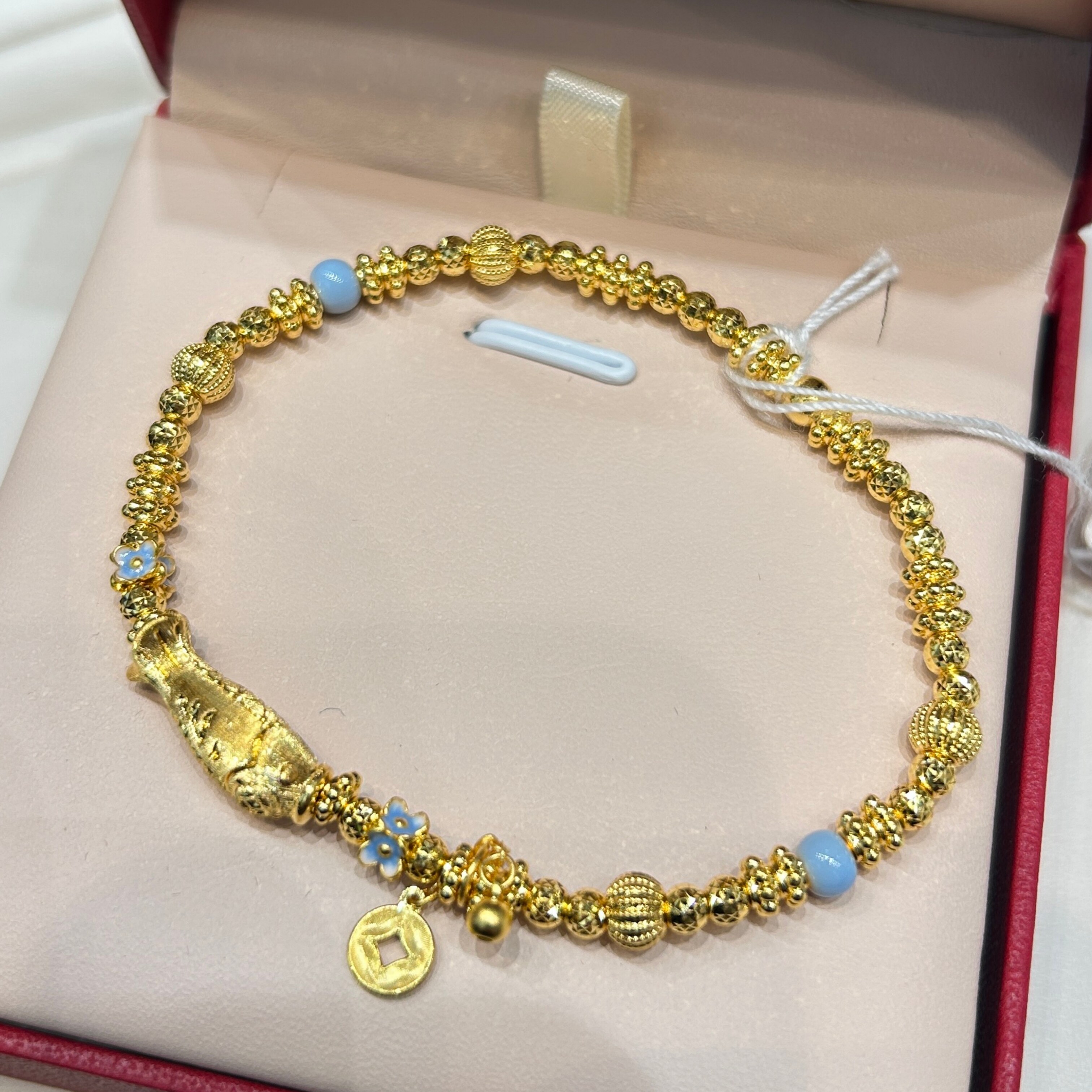 TSL谢瑞麟代购 足金999小鱼钱币小花黄金手链手串 百搭专柜正品