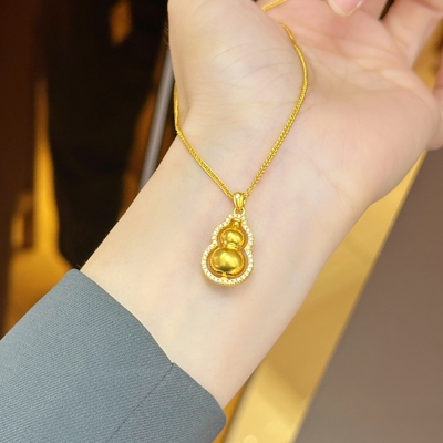 六福珠宝代购 福满传家葫芦圈葫芦古法黄金镶钻足金项链 专柜正品