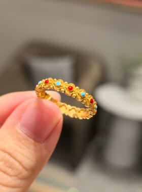 六福珠宝代购 福满传家四时如意鎏彩花丝足金黄金戒指 专柜正品
