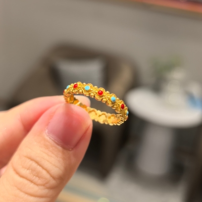 六福珠宝代购 福满传家四时如意鎏彩花丝足金黄金戒指 专柜正品