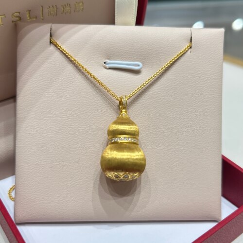 TSL谢瑞麟代购 足金999丝绒葫芦黄金钻石项链女 镶钻专柜正品