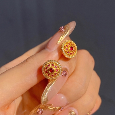 六福珠宝代购 唐潮足金霞冠凤羽红宝石黄金镶钻耳饰 新款专柜正品