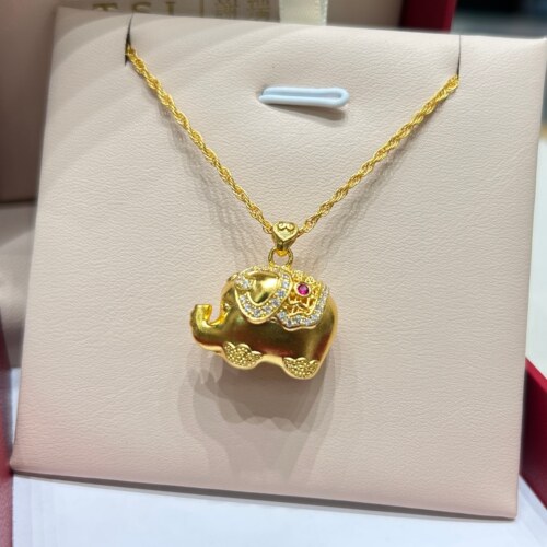 TSL谢瑞麟代购 足金999古法元宝小象黄金钻石项链女 专柜正品