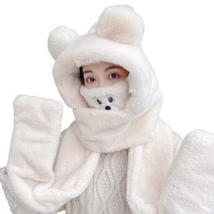 冬季小熊帽子三件套围巾手套一体女防风护耳保暖加绒加厚带口罩