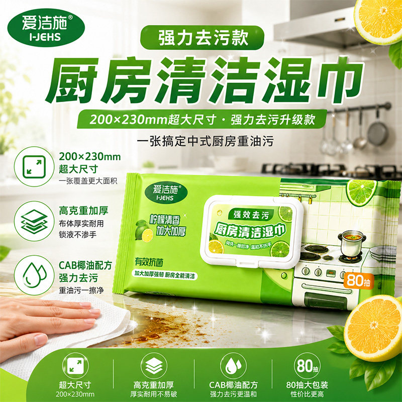 爱洁施厨房湿巾加厚强力去油污