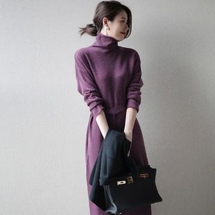Mid to long knitted woolen dress 中长款纯色高领针织毛衣裙女