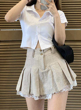 High waist lace hemline pleated skirt woman 蕾丝半身百褶裙女