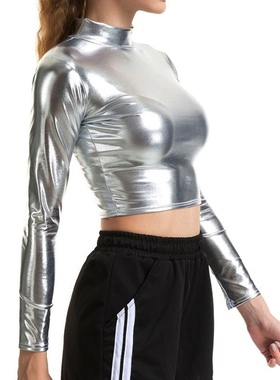 Patent leather coat with small turtleneck 时尚漆皮小高领上衣