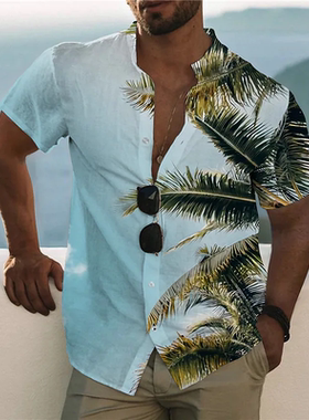 3D printed shirt with short sleeves 时尚3D印花短袖衬衫上衣男