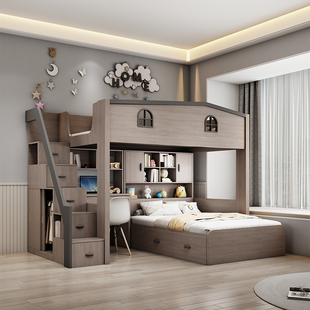 错位上下床小户型儿童床高低床上床下桌子母床交错式上下铺双层床