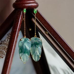 天然冰种玉髓树叶耳饰飘花叶子耳坠时尚女S925银大气高档精致长款