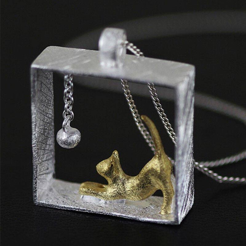 镀925纯银时尚气质个性猫玩球铃铛创意动物项链 女