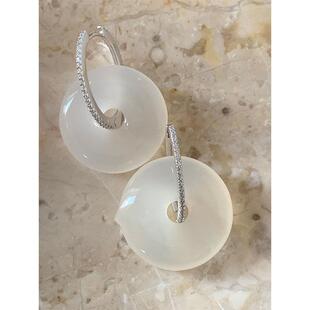 原创温润如玉白色石镶钻平安扣耳环气质耳饰女