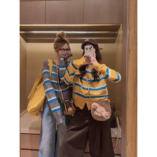 女秋韩系宽松遮肉时髦打底衫 复古条纹针织衫 上衣 黄色长袖 Yukiss