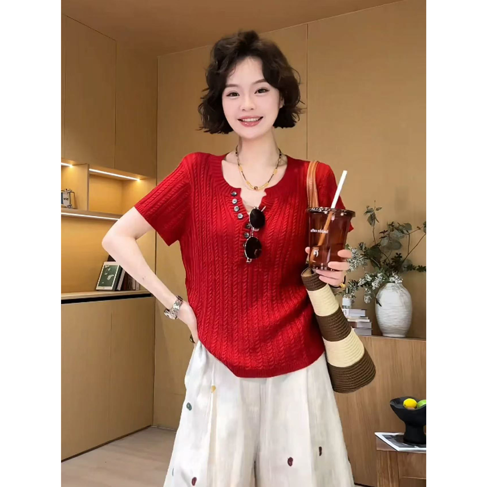复古竖纹麻花亨利领针织衫女夏季轻熟风宽松显瘦百搭薄款透气上衣
