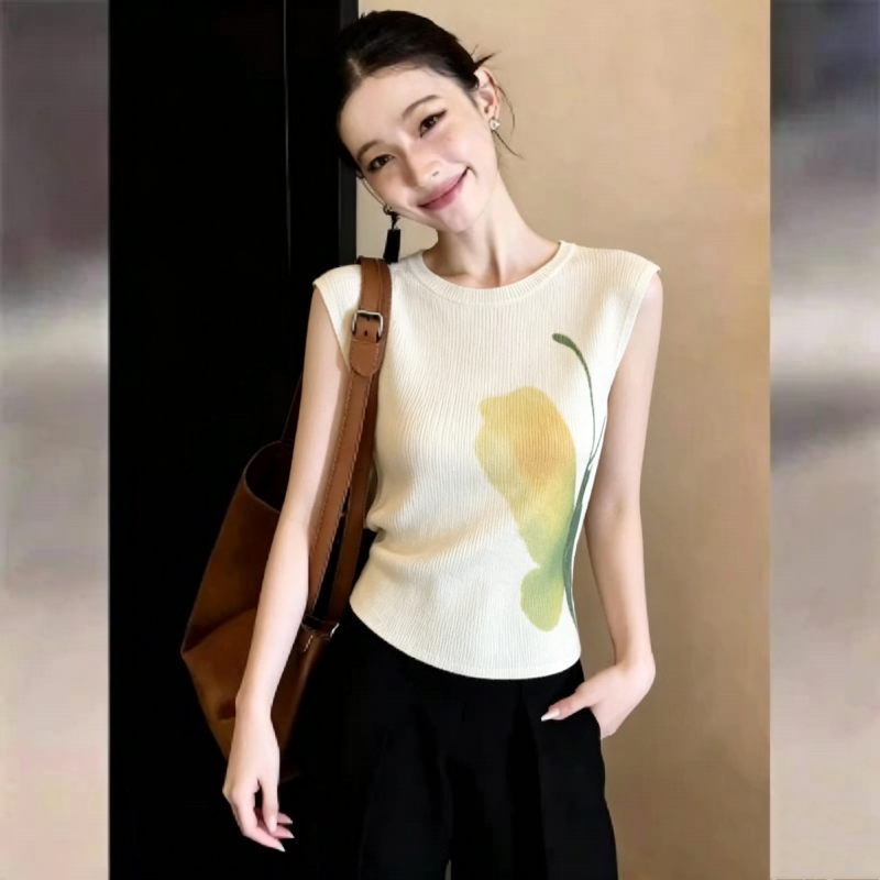 吵吵家短袖上衣女夏季米白色圆领海边度假高级气质休闲修身针织衫