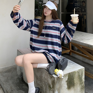 m1u系藏蓝条纹长袖 上衣 T恤女2025新款 百搭休闲宽松显瘦圆领打底衫