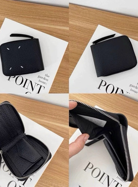 MMM风格 24ss头层牛皮经典四角缝线拉链短款对折零钱袋钱包