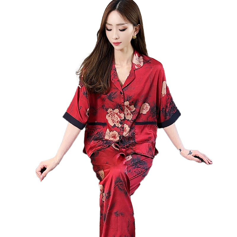 兰麦菓夏季睡衣女士冰丝2025薄款短袖仿真丝绸家居服可外穿三件套