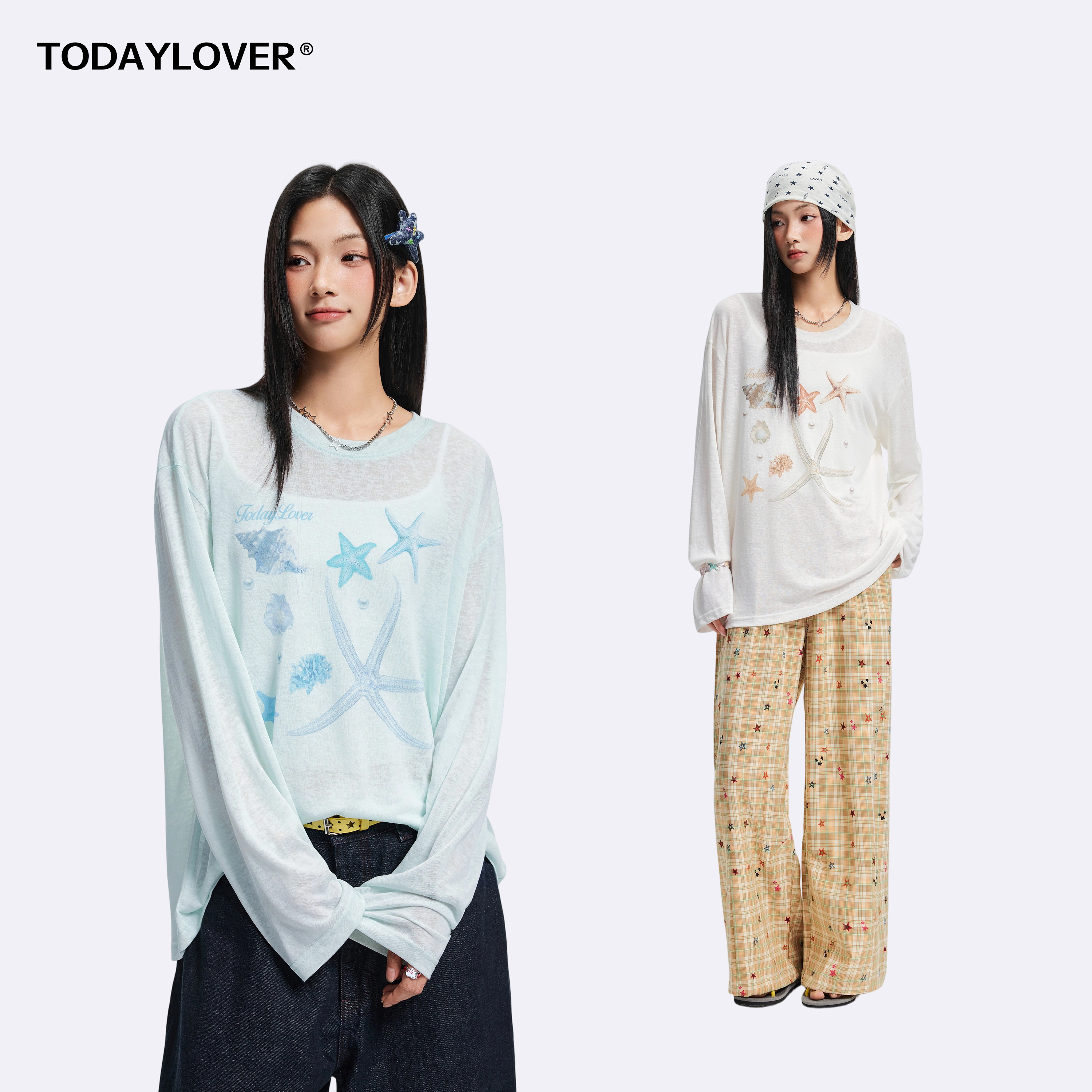 TODAYLOVER莱赛尔天丝圆领T恤女夏季美式海星印花微透长袖罩衫潮