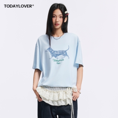 TODAYLOVER腊肠狗印花圆领短袖T恤女夏季美式cleanfit情侣体恤潮