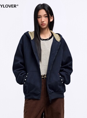 TODAYLOVER美式个性设计感连帽卫衣女春季格纹双拉链钉珠开衫外套