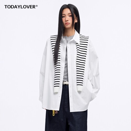 TODAYLOVER条纹披肩长袖衬衫