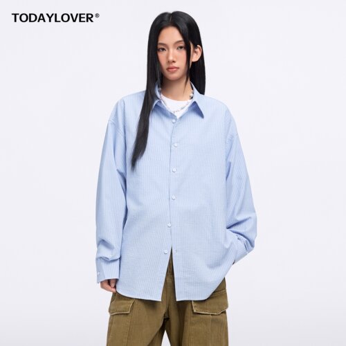 TODAYLOVER泡泡纱肌理感条纹衬衫
