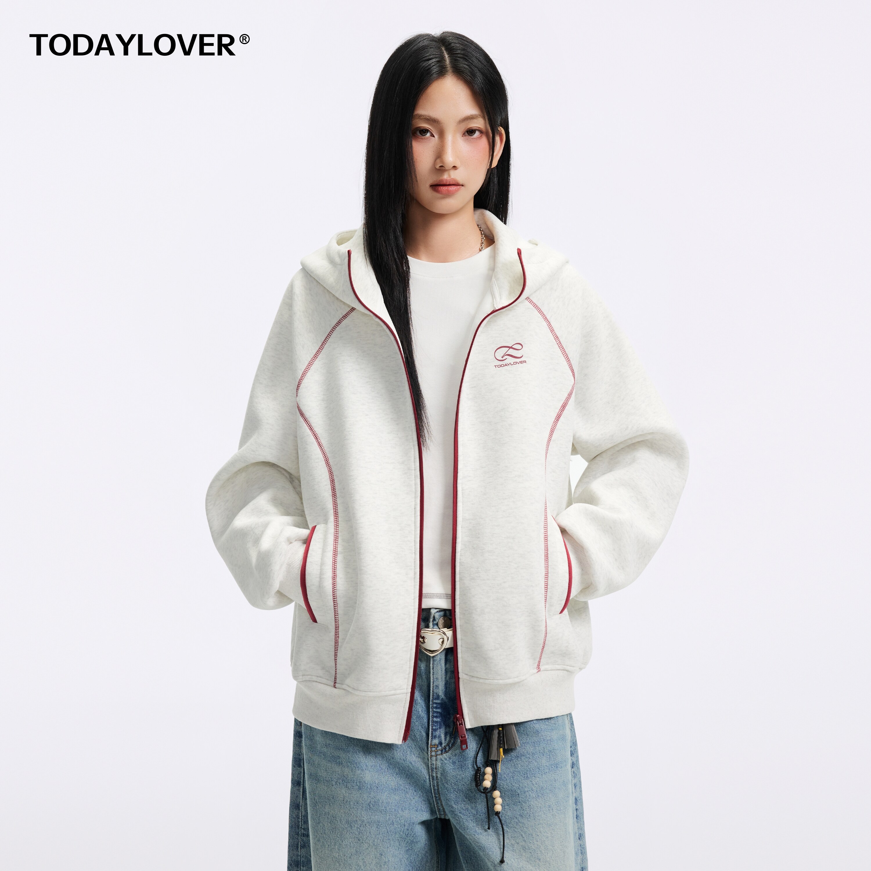 TODAYLOVER哈苏线撞色连帽卫衣女图片