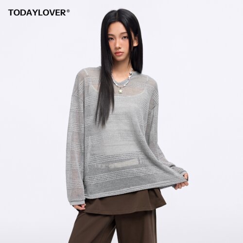 TODAYLOVER镂空V领长袖T恤女