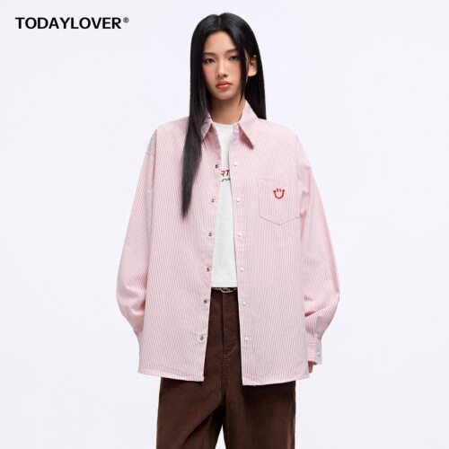TODAYLOVER美式条纹翻领衬衫女春季潮牌笑脸刺绣休闲宽松衬衣外套
