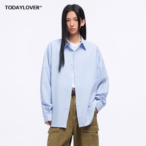 TODAYLOVER泡泡纱肌理感条纹衬衫