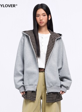 TODAYLOVER400g重磅假两件格纹开衫卫衣女春季美式情侣装连帽外套